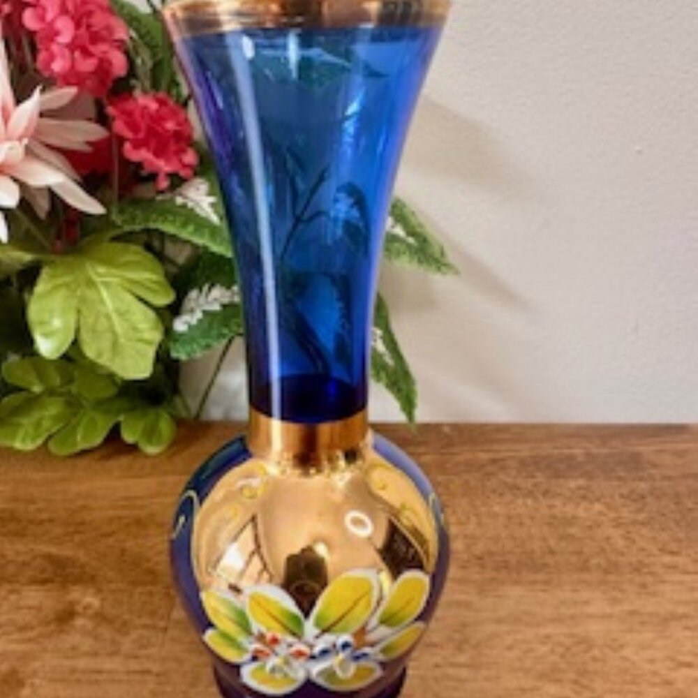 Bohemian Czech Cobalt Blue Vase Gold Enamel Floral Hand Painted‎ Vintage Art